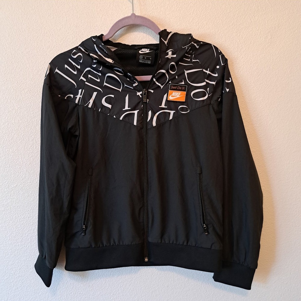 Nike Kids Windrunner Jacket Black Just Do It Graphic Hooded Windbreaker Medium